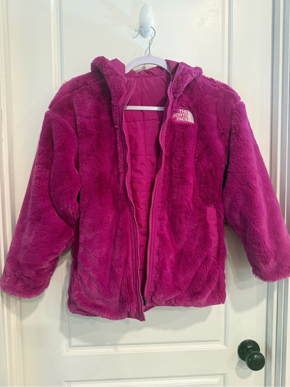 The North Face Girls S 7/8 Reversible Pink Fleece Insulated Hooded Jacket
